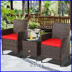 Patiojoy 3PCS Patio Rattan Furniture Set Cushioned Sofa Glass Tabletop Deck Red