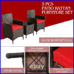 Patiojoy 3PCS Patio Rattan Furniture Set Cushioned Sofa Glass Tabletop Deck Red