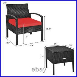 Patiojoy 3PCS Patio Rattan Furniture Set Storage Table Cushioned Red Sofa Deck