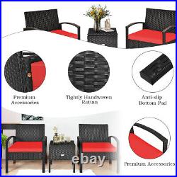 Patiojoy 3PCS Patio Rattan Furniture Set Storage Table Cushioned Red Sofa Deck