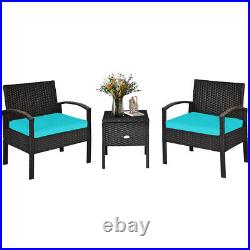 Patiojoy 3PCS Patio Rattan Furniture Set Storage Table Cushioned Sofa Turquoise