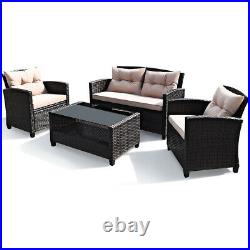 Patiojoy 4PCS Patio Rattan Furniture Set Cushioned Sofa Armrest Table With Shelf