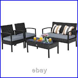 Patiojoy 4PCS Patio Rattan Furniture Set Cushioned Sofa Coffee Table Garden