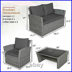 Patiojoy 4PCS Patio Rattan Furniture Set Sofa Table With Shelf Gray Cushion
