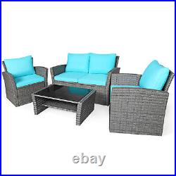 Patiojoy 4PCS Patio Rattan Sofa Table Furniture Set WithStorage Shelf Turquoise