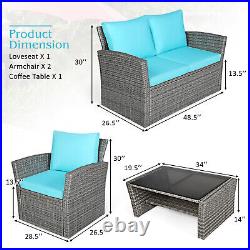 Patiojoy 4PCS Patio Rattan Sofa Table Furniture Set WithStorage Shelf Turquoise