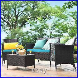 Patiojoy 4PCS Rattan Patio Furniture Set Cushioned Sofa Chair With TableTurquoise