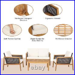 Patiojoy 4 PCS Outdoor Rattan Furniture Set Patio Acacia Wood Conversation Set