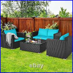Patiojoy 4 PCS Rattan Patio Furniture Set Outdoor Wicker with Turquoise Cushion