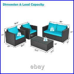 Patiojoy 4 PCS Rattan Patio Furniture Set Outdoor Wicker with Turquoise Cushion
