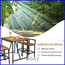 Patiojoy 5PCS Outdoor Rattan Bar Table Stool Set Acacia Wood Top WithUmbrella Hole