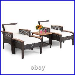 Patiojoy 5PCS Patio Rattan Furniture Set Acacia Wood Table Armrest Cushion Yard