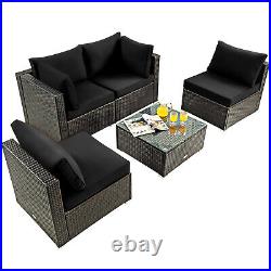 Patiojoy 5PCS Patio Rattan Furniture Set Cushioned Coffee Table Sofa Chair Black