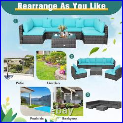 Patiojoy 7PCS Outdoor Rattan Furniture Set Sectional Sofa with Turquoise Cushion