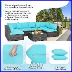 Patiojoy 7PCS Outdoor Rattan Furniture Set Sectional Sofa with Turquoise Cushion