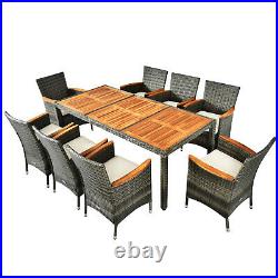 Patiojoy 9PCS Patio Rattan Dining Set Acacia Wood Table Cushioned Chair Mix Gray