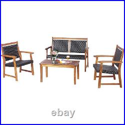 Patiojoy Patio 4PCS Rattan Furniture Set Acacia Wood Frame Sofa Loveseat Garden