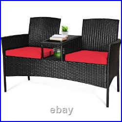 Patiojoy Patio Rattan Conversation Set Cushioned Loveseat Glass Table Chair Red