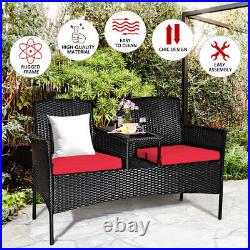 Patiojoy Patio Rattan Conversation Set Cushioned Loveseat Glass Table Chair Red