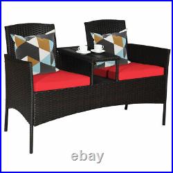 Patiojoy Patio Rattan Conversation Set Loveseat Sofa Cushioned Coffee Table Red