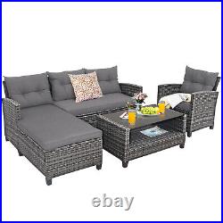 Patiojoy Patio Rattan Furniture Set 4PCS Cushioned Loveseat Table Shelf Gray