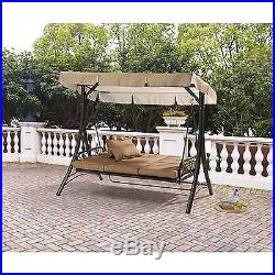 Porch Swing With Canopy Cover Convertible Hammock Patio Outdoor 3 Person Tan
