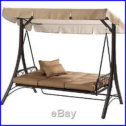 Porch Swing With Canopy Cover Tan Convertible Hammock Patio Outdoor 3 Person New