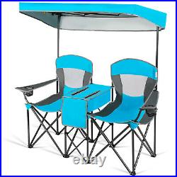 Portable Folding Camping Canopy Chairs Double Sunshade Chair withCup Holder Blue