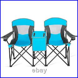 Portable Folding Camping Canopy Chairs Double Sunshade Chair withCup Holder Blue