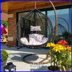 Rattan Hanging Swing Patio Egg Chair Floral Cushion Garden Outdoor Furniture