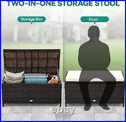 Rattan Storage Box Outdoor Storage Bench Patio Wicker Deck Box with Seat Cushion