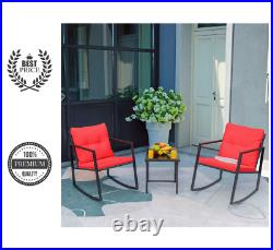 (Red) 3 Pieces Patio Indoor Furniture Set Rocking Wicker Bistro Sets with Table