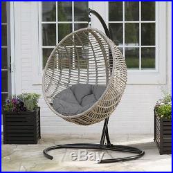 Resin Wicker Hanging Egg Chair Gray Cushion & Stand Seat Outdoor Patio Furniture