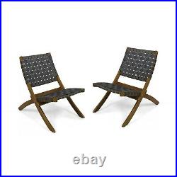 Riley Outdoor Acacia Wood Foldable Chairs (Set of 2), Brown Patina and Gray Stra
