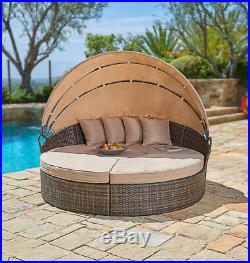SUNLIT Outdoor Round Wicker Daybed Rattan Patio Sofa Retractable Canopy Sunbed