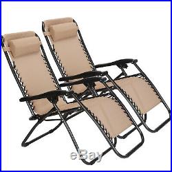 Set Of 2 Zero Gravity Chairs Adjustable Recliner Folding Lounge Patio withTray Tan