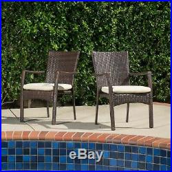 (Set of 2) Outdoor Brown Wicker Dining Chair with Beige Cushion