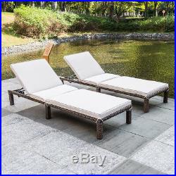 Set of 2 Outdoor Wicker Chaise Patio Lounge Chairs Adjustable Back With Cushions