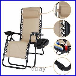 Set of 2 Zero Gravity Recline Chairs Folding Patio Garden Beach Deck Lounge Tray