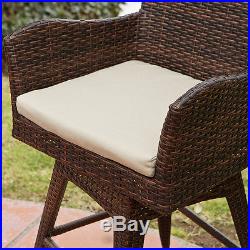 Set of 4 Outdoor Patio Furniture Brown PE Wicker Swivel Bar Stools with Cushions