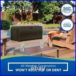 Suncast Indoor and Outdoor 73 Gallon Resin Deck Box with Seat, Mocha Brown