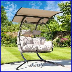Swing Hanging Egg Rattan Chair Outdoor Patio Hammock 2-Person Beige Cushions