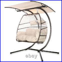 Swing Hanging Egg Rattan Chair Outdoor Patio Hammock 2-Person Beige Cushions