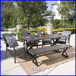 Tripoli Outdoor 6 Piece Aluminum Dining Set with Bench and Wicker Dining Chairs