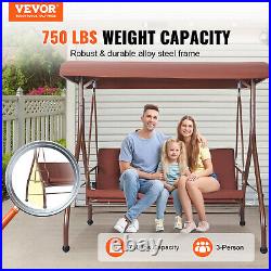 VEVOR 3-Person Patio Swing Chair Converting Canopy Swing Adjustable Canopy Brown