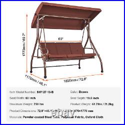 VEVOR 3-Person Patio Swing Chair Converting Canopy Swing Adjustable Canopy Brown