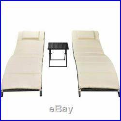 VidaXL 2x Folding Sun Loungers with Table Poly Rattan Black Outdoor Seat Chair