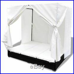 VidaXL Outdoor Sun Lounger Poly Rattan Wicker Black 2-Person Bed Curtain Patio