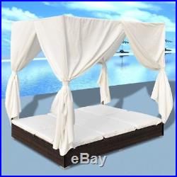 VidaXL Outdoor Sun Lounger Poly Rattan Wicker Brown 2-Person Bed Curtain Patio