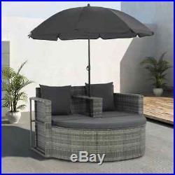 VidaXL Patio Sofa Set with Parasol Poly Rattan Wicker Gray Outdoor Sun Day Bed